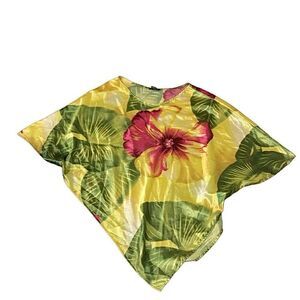 Y2K Ashro One Size Fits Most Green Yellow Pink Floral Botanical Cape Poncho Top